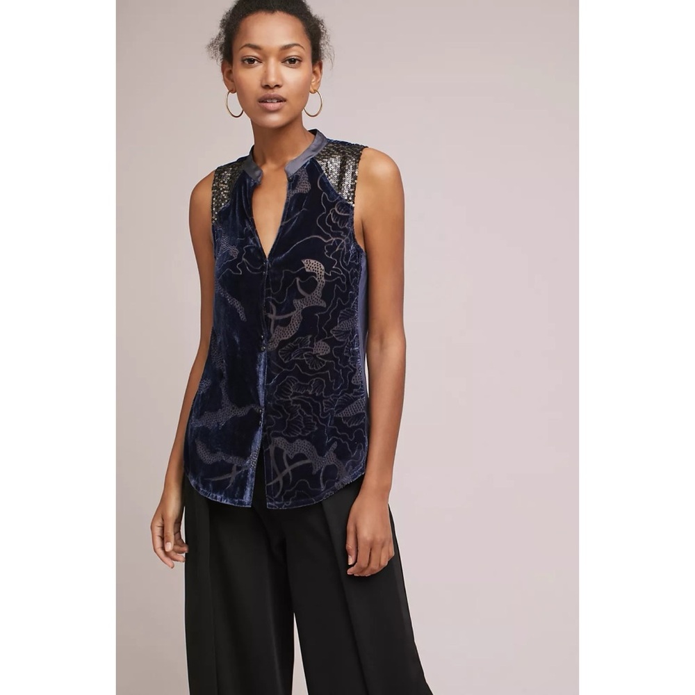 Anthropologie Navy Velvet Sleeveless Sequin-Shoulder Tank
